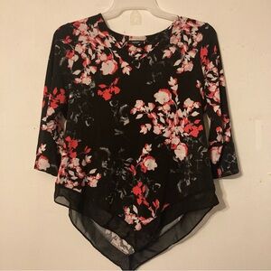 Alfani Black and pink/peach Floral handkerchief hem elbow sleeve Blouse PL